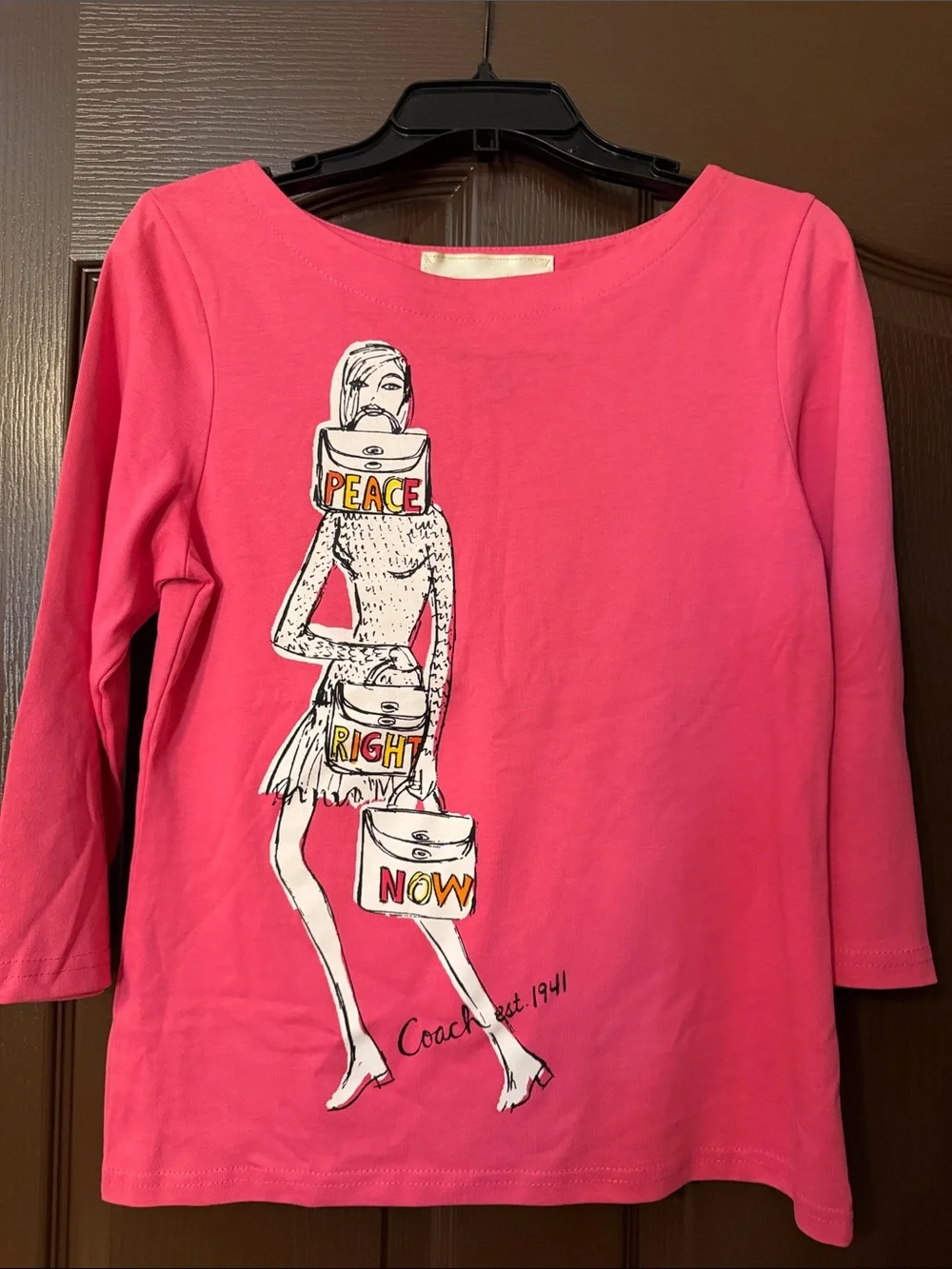 Coach Hot Pink Long Sleeve Graphic Tee with Peace Right Now Design